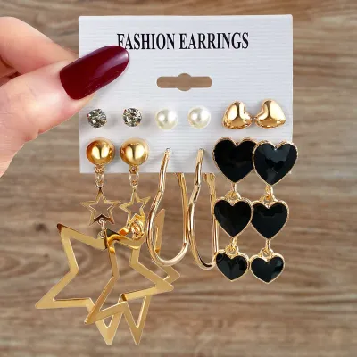 6 Pairs Geometric Star Love Circle Drop Earrings Set
